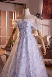 Blue Flower Fairy Tulle Long Prom Dress, Beautiful Off the Shoulder Party Dress HZ0429