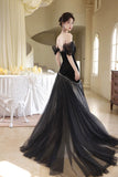 Black Velvet Off Shoulder Mermaid Evening Gown Beaded Tulle Train Formal Dress HZ0429