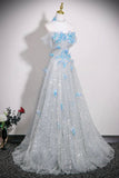 Silver Sequins and Blue Butterfly Long Prom Dress, Beautiful A-Line Evening Party Dress HZ0429