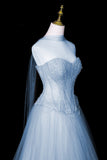 Sparkly Light Blue Strapless Evening Gown, A-Line Formal Party Dress with Pearls HZ0429