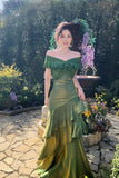 Green Off-the-Shoulder Mermaid Evening Gown with Ruffled Tiered Skirt HZ0429