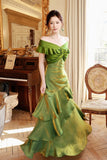 Green Off-the-Shoulder Mermaid Evening Gown with Ruffled Tiered Skirt HZ0429