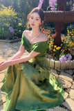 Green Off-the-Shoulder Mermaid Evening Gown with Ruffled Tiered Skirt HZ0429