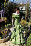 Green Off-the-Shoulder Mermaid Evening Gown with Ruffled Tiered Skirt HZ0429