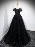 Black Tulle Beaded Floor Length Prom Dress, Black A-Line Off-Shoulder Evening Party Dress HZ0429